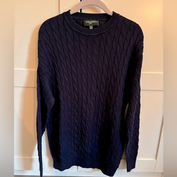 Tom James Cable Knit Sweater Crewneck 100% Pima Cotton Navy Blue Size Large - Picture 1 of 4